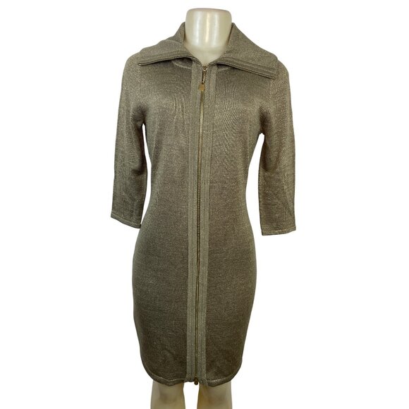 Calvin Klein Women's Gold Metallic Knit Zip-Up Sweater Dress Sz S - Picture 1 of 8